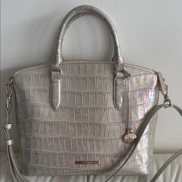 Brahmin Duxbury Leather Croc Embossed Satchel Handbag Pearly Cream Metallic
